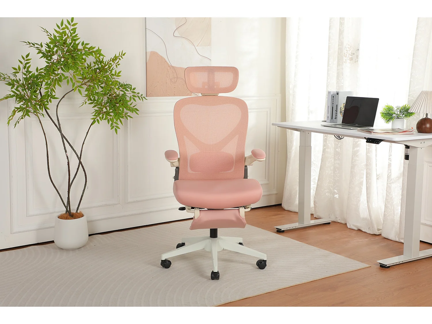 Chaise de bureau pliable avec appui-tête 3D et dossier réglable - Rose