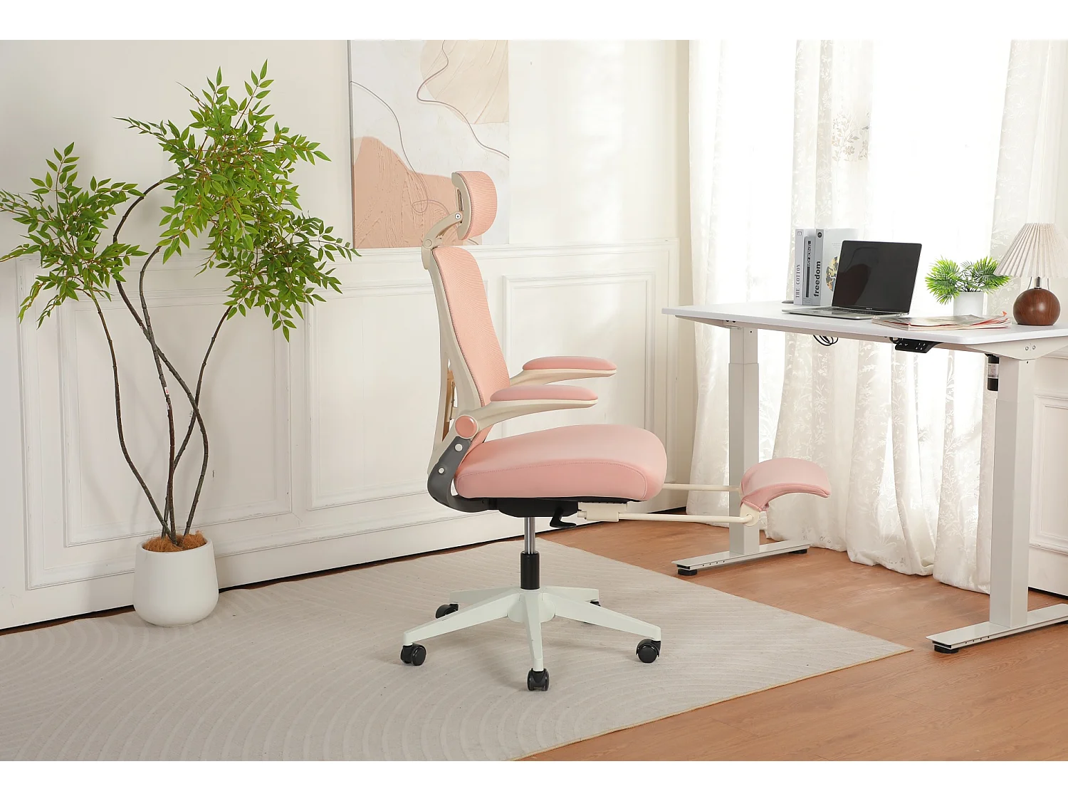 Chaise de bureau pliable avec appui-tête 3D et dossier réglable - Rose