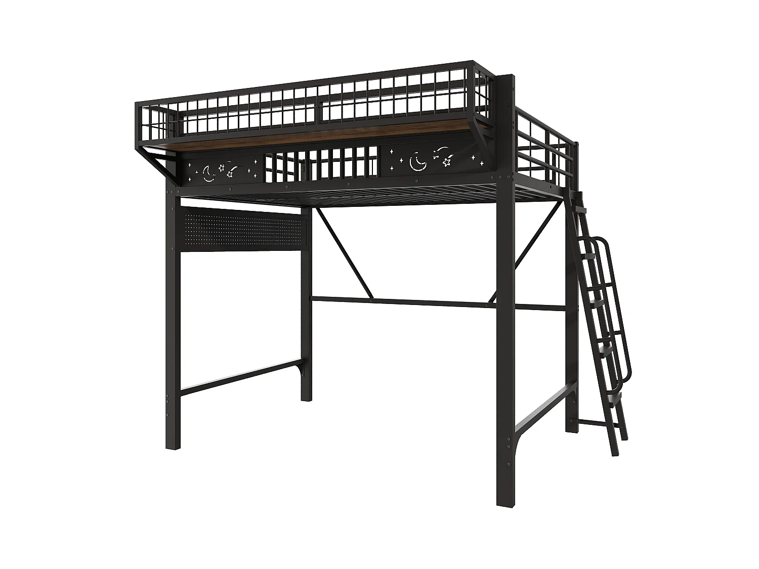 Hochbett 140 x 200 cm - Metallgestell - Mit Staufächern - Offener unterer Bereich - Schwarz (Matratze nicht enthalten)