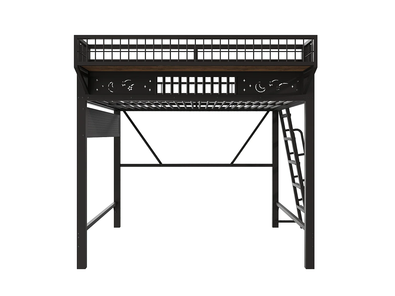 Hochbett 140 x 200 cm - Metallgestell - Mit Staufächern - Offener unterer Bereich - Schwarz (Matratze nicht enthalten)