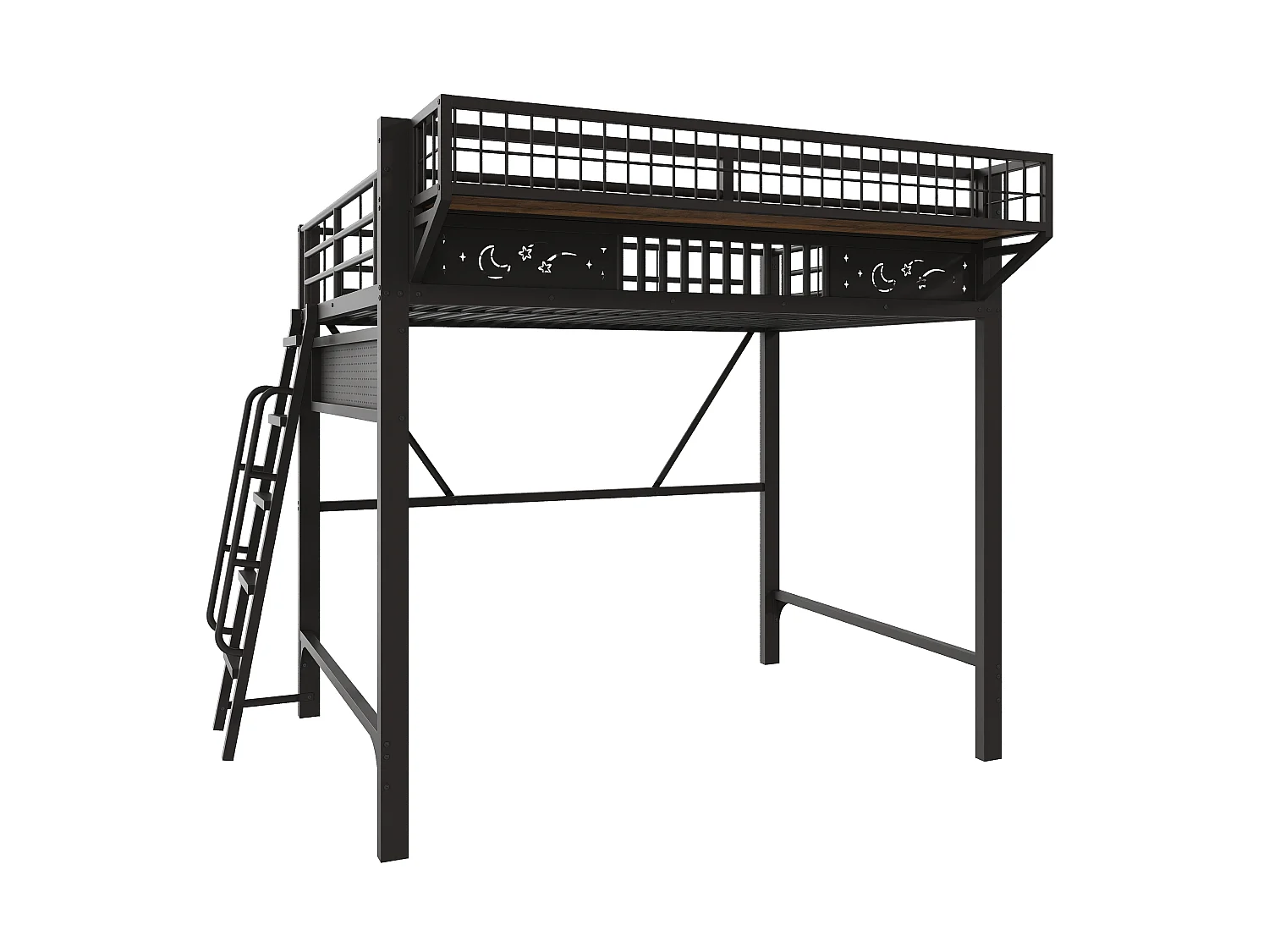 Hochbett 140 x 200 cm - Metallgestell - Mit Staufächern - Offener unterer Bereich - Schwarz (Matratze nicht enthalten)