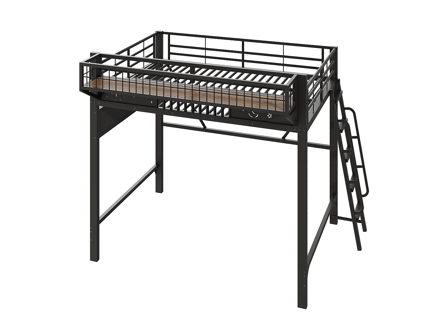 Hochbett 140 x 200 cm - Metallgestell - Mit Staufächern - Offener unterer Bereich - Schwarz (Matratze nicht enthalten)