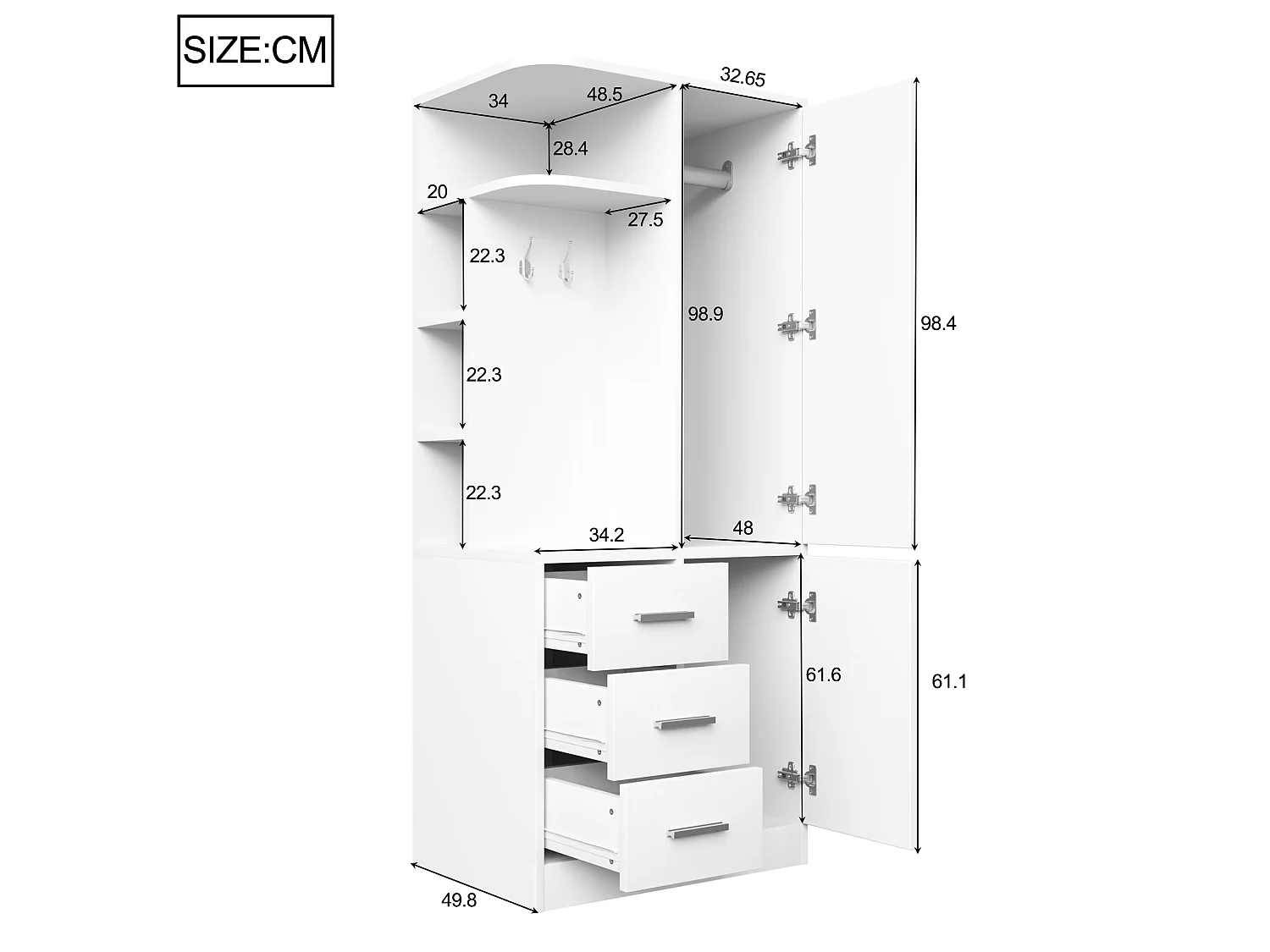 Szafa jednodrzwiowa 70×50×170 - z półkami - z 3 szufladami - z haczykami - biała