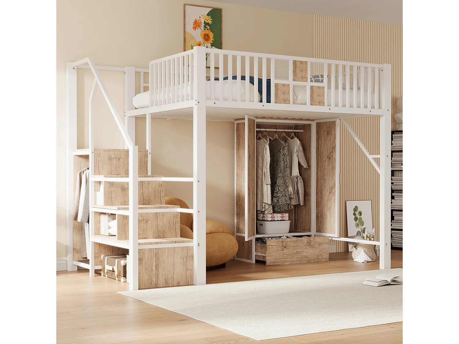 Kinderhoogslaper 140 x 200 cm met kledingkast, lade en opbergladder - Metaal en hout - Wit