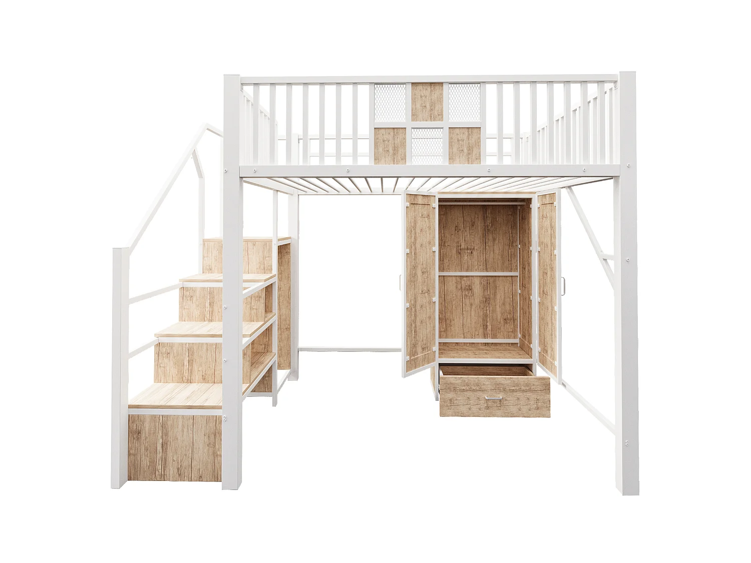 Kinderhoogslaper 140 x 200 cm met kledingkast, lade en opbergladder - Metaal en hout - Wit