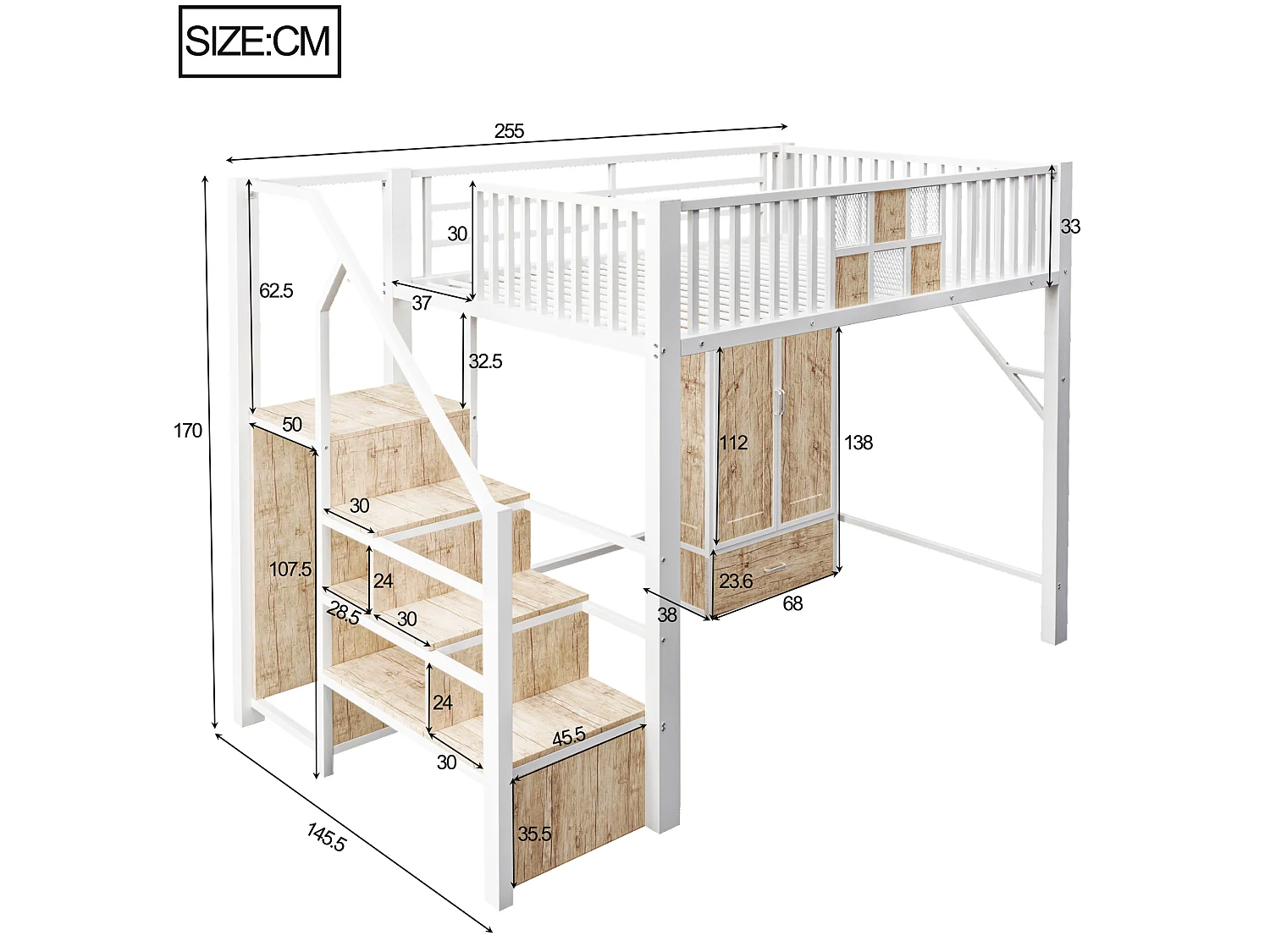 Kinderhoogslaper 140 x 200 cm met kledingkast, lade en opbergladder - Metaal en hout - Wit