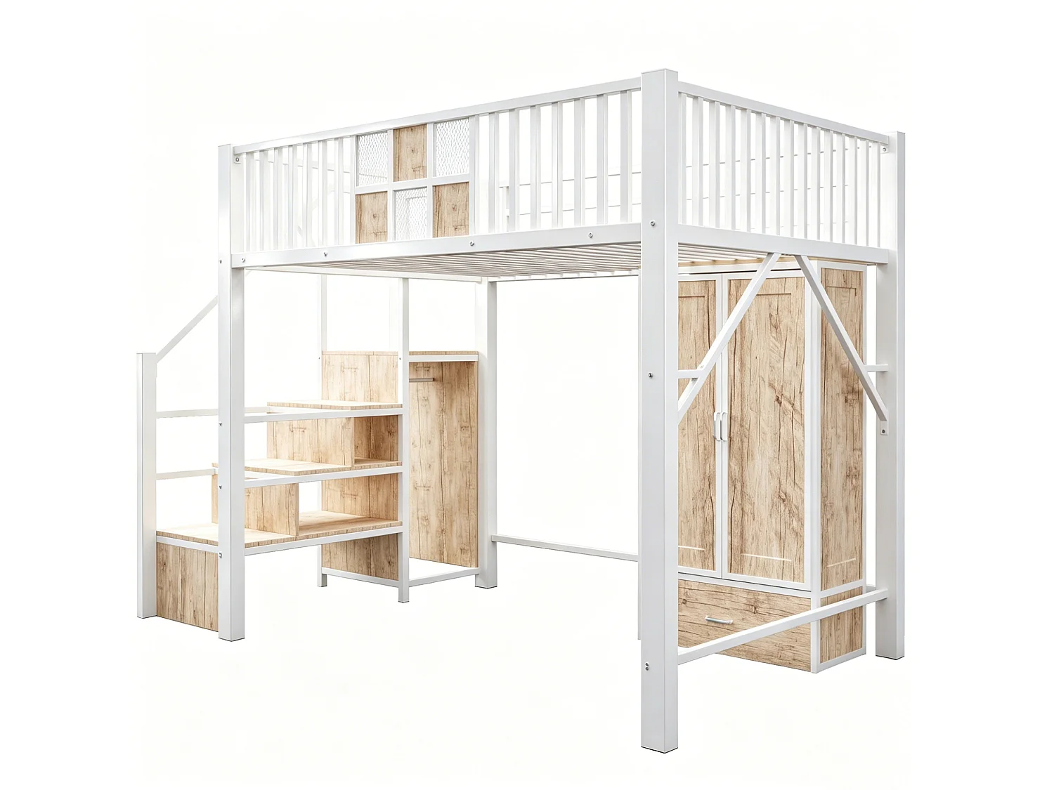 Kinderhoogslaper 140 x 200 cm met kledingkast, lade en opbergladder - Metaal en hout - Wit
