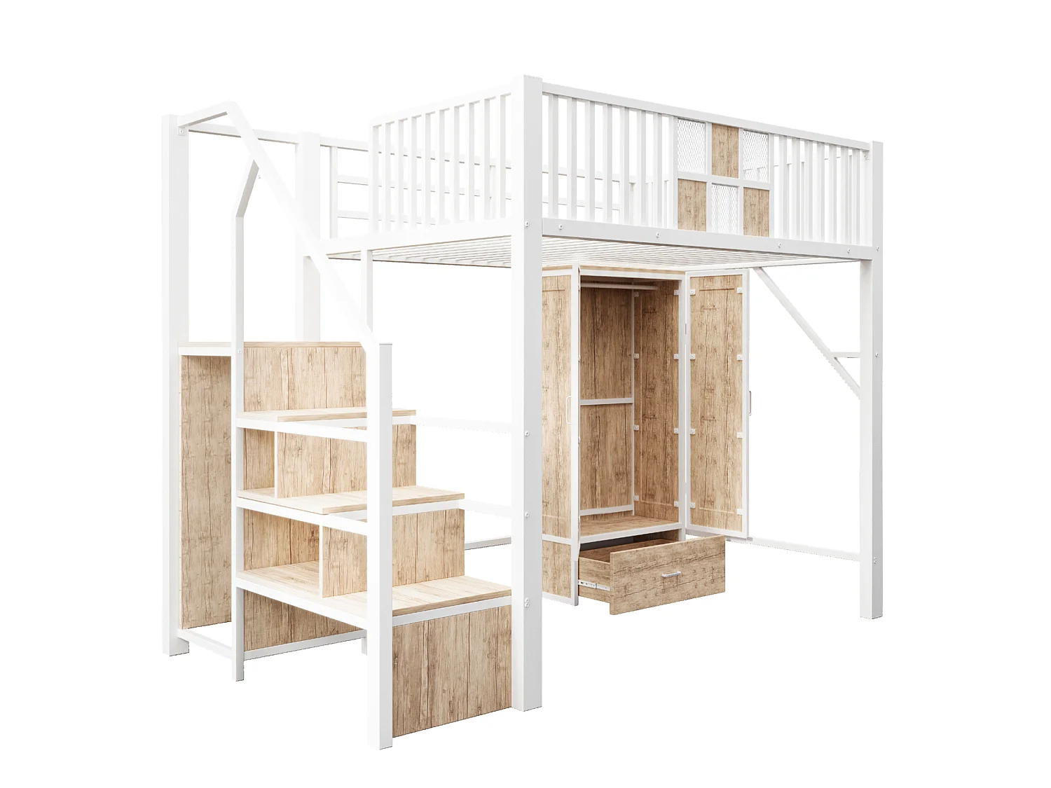 Kinderhoogslaper 140 x 200 cm met kledingkast, lade en opbergladder - Metaal en hout - Wit