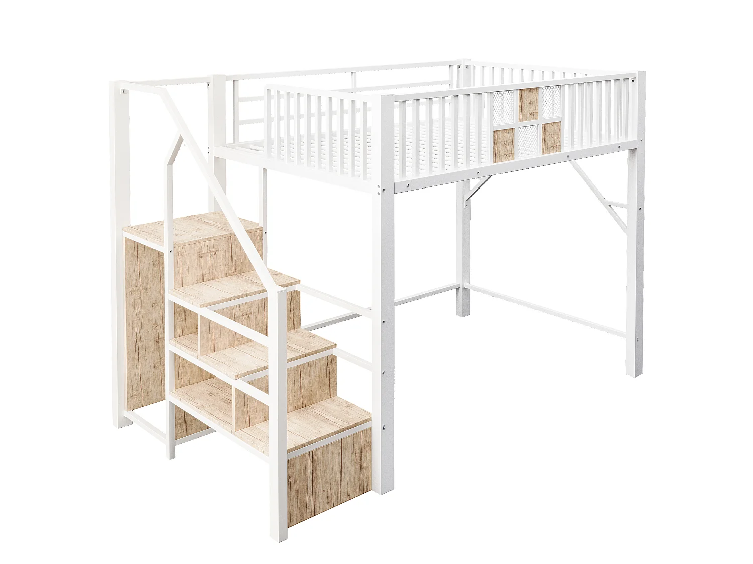 Kinderhoogslaper 140 x 200 cm met kledingkast, lade en opbergladder - Metaal en hout - Wit