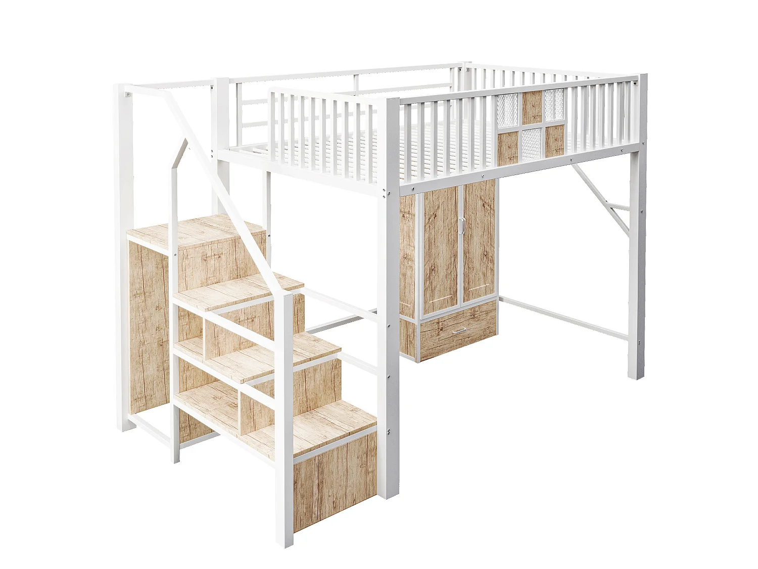 Kinderhoogslaper 140 x 200 cm met kledingkast, lade en opbergladder - Metaal en hout - Wit