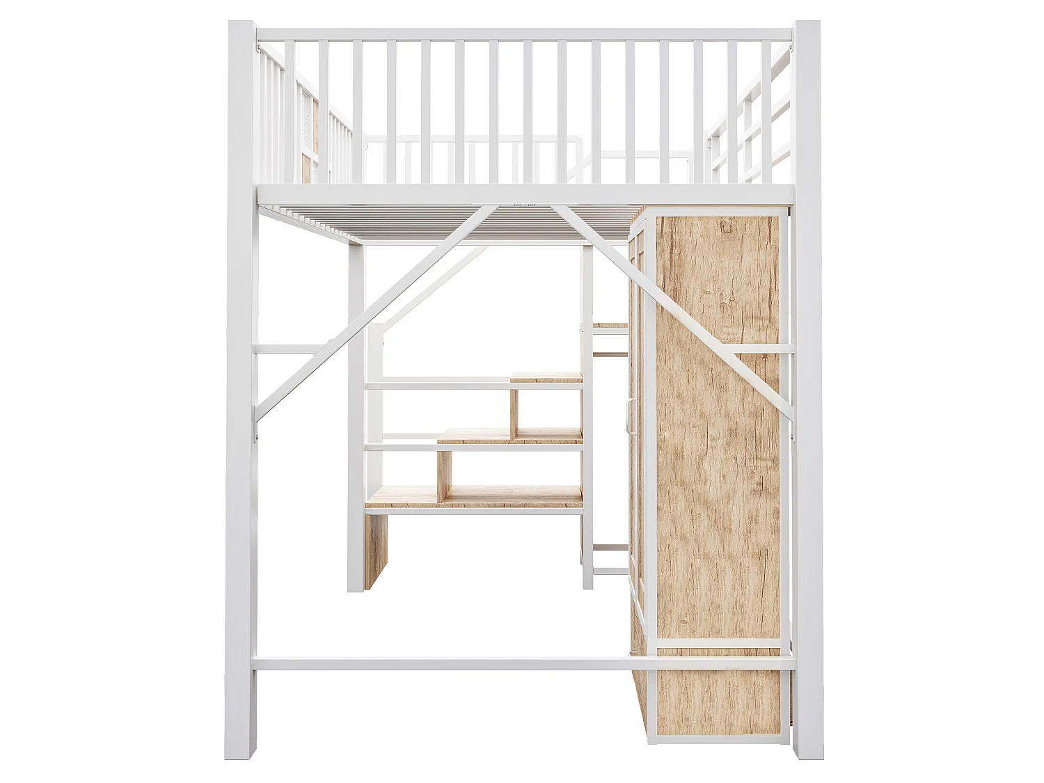 Kinderhoogslaper 140 x 200 cm met kledingkast, lade en opbergladder - Metaal en hout - Wit