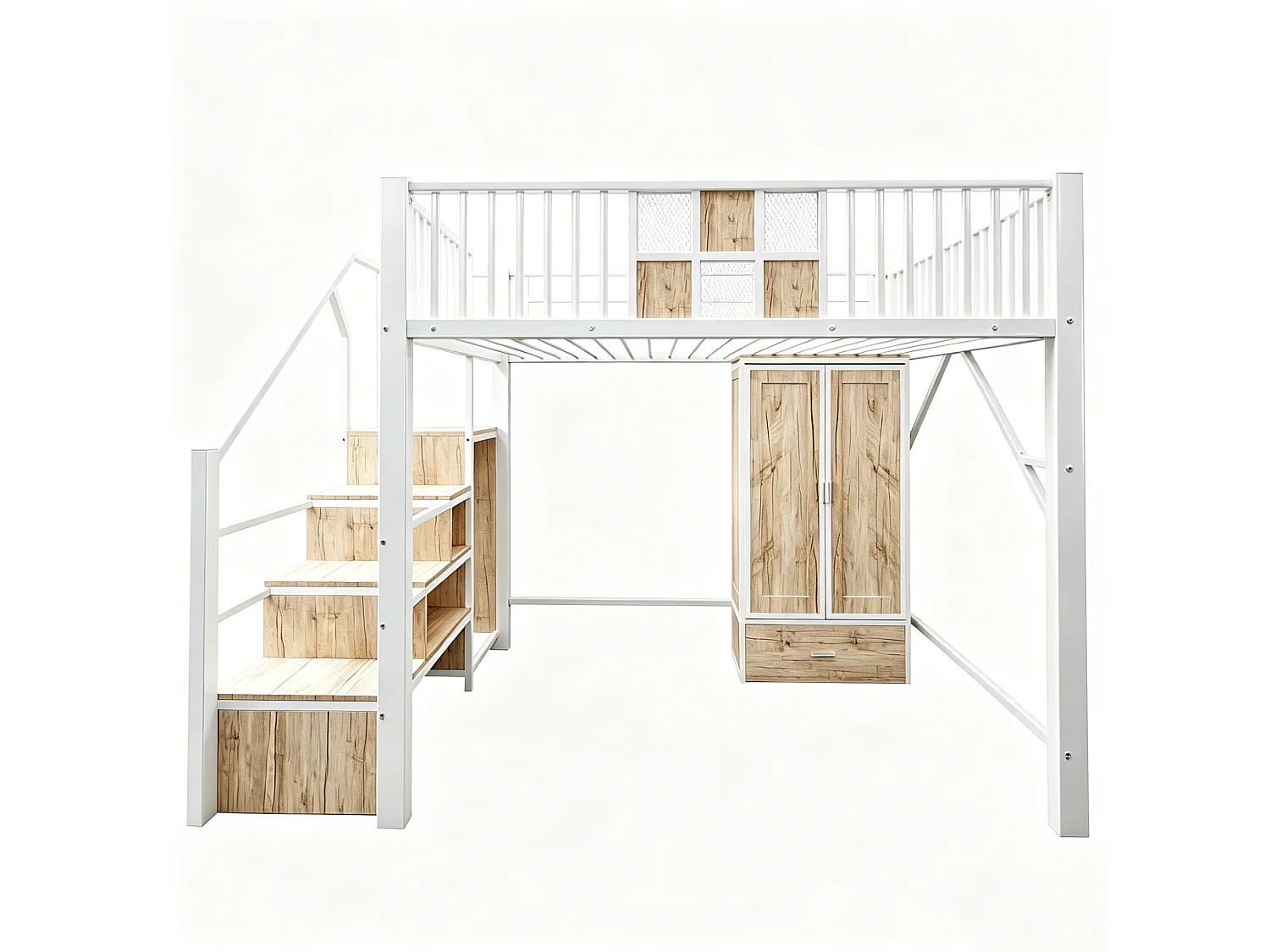 Kinderhoogslaper 140 x 200 cm met kledingkast, lade en opbergladder - Metaal en hout - Wit