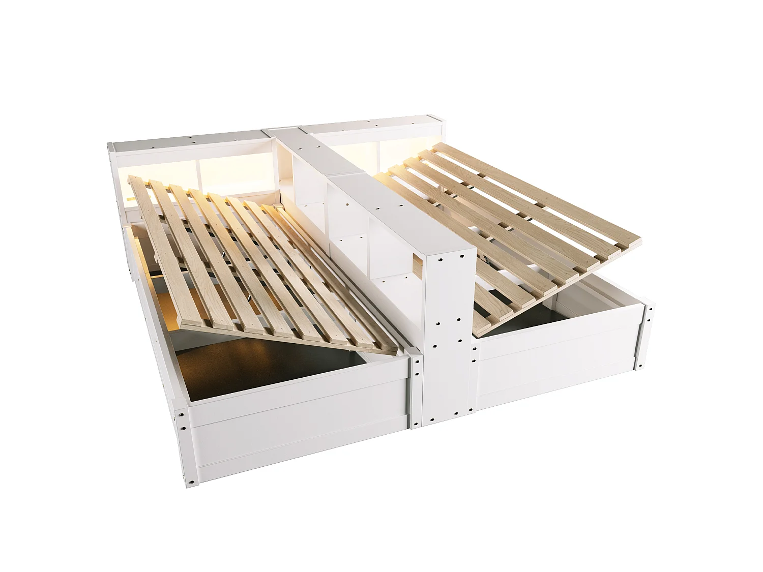 Barnsäng med förvaring 90/180x200 cm med LED-belysning, integrerade eluttag och förvaring - Vitt MDF-trä