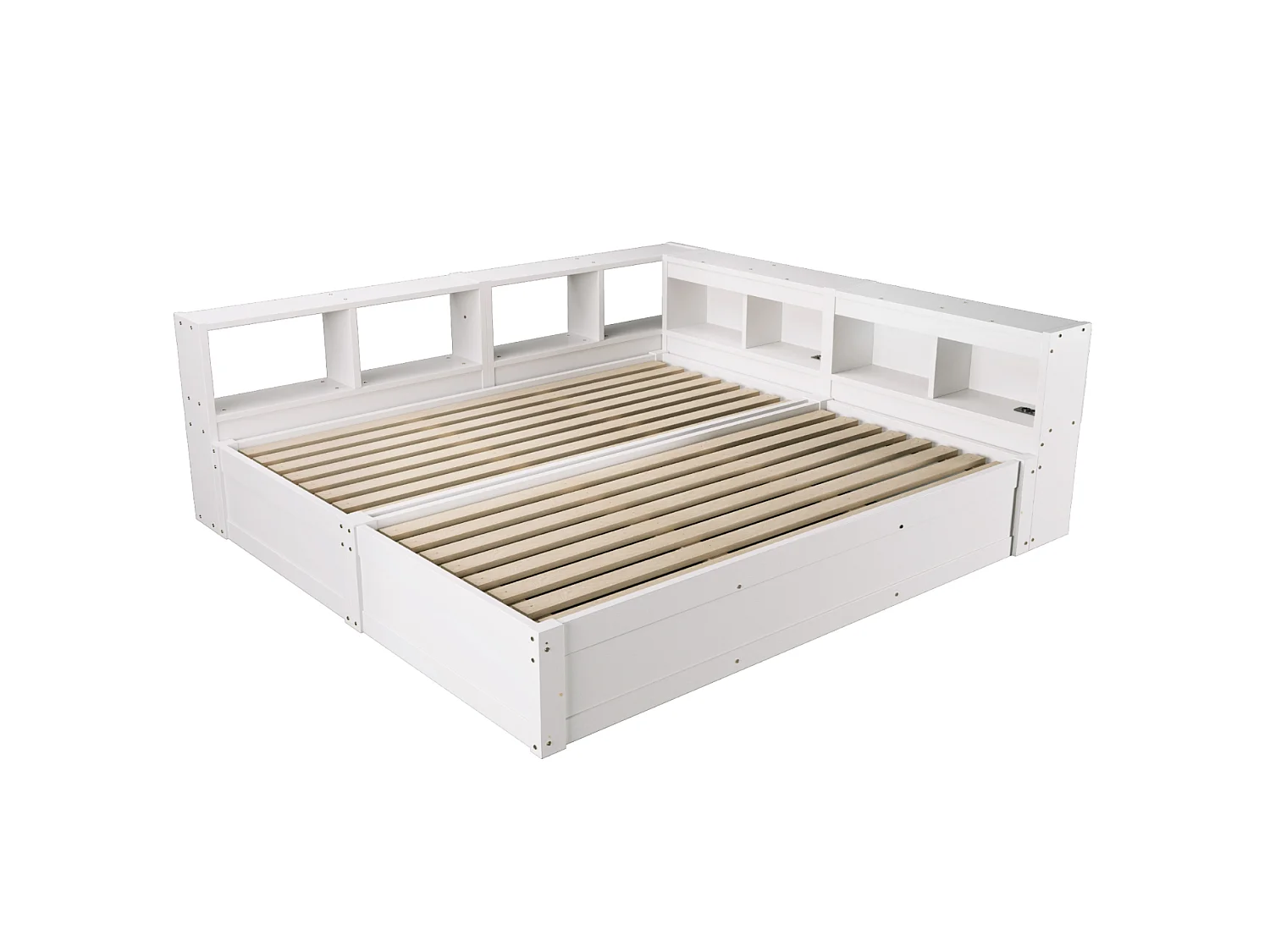 Barnsäng med förvaring 90/180x200 cm med LED-belysning, integrerade eluttag och förvaring - Vitt MDF-trä