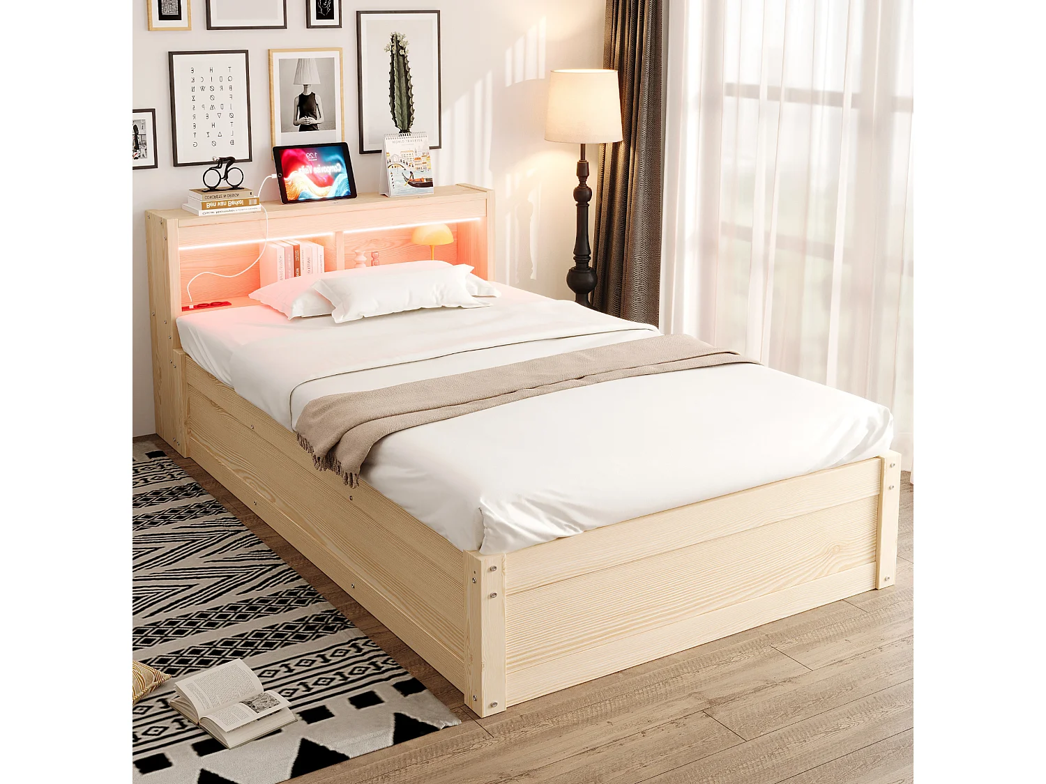 Kinderbed met opbergruimte 90x200 cm met stopcontact, ledverlichting en opbergruimte - Licht naturel MDF-hout