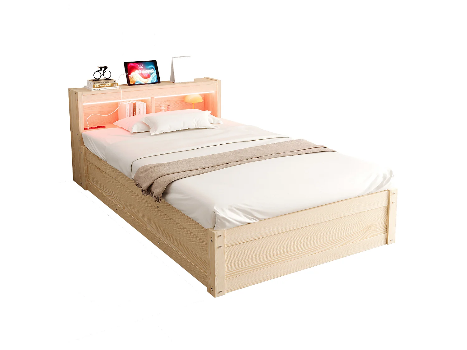 Kinderbed met opbergruimte 90x200 cm met stopcontact, ledverlichting en opbergruimte - Licht naturel MDF-hout