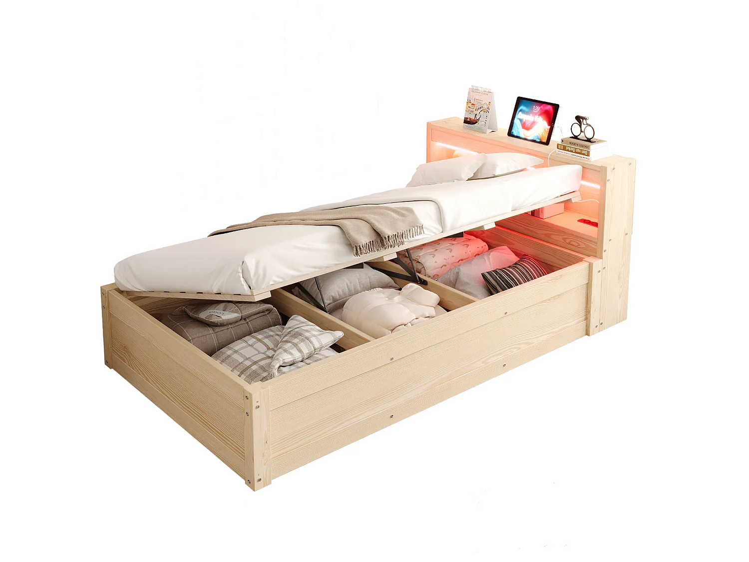 Kinderbed met opbergruimte 90x200 cm met stopcontact, ledverlichting en opbergruimte - Licht naturel MDF-hout