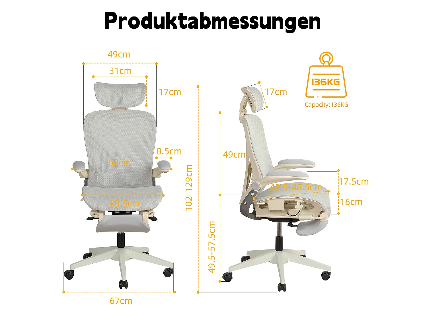 Chaise de bureau ergonomique pliante en maille gris - Avec dossier réglable