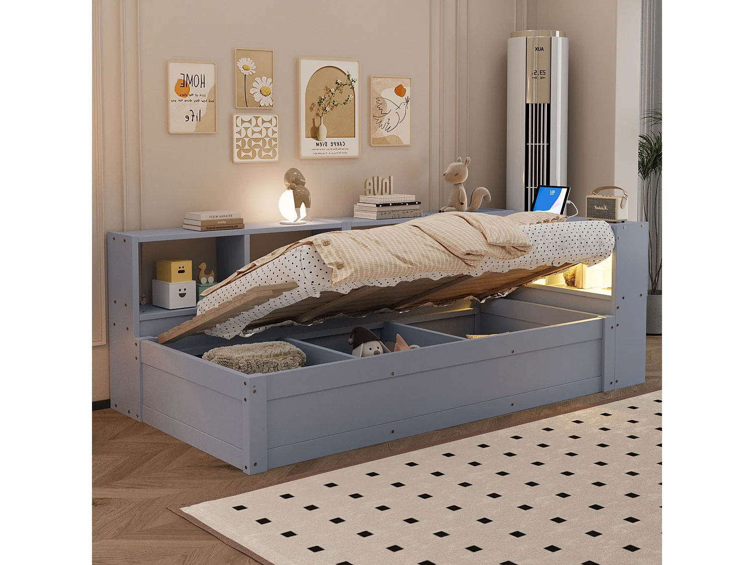 Lit coffre enfant 90x200 cm avec LED, prise et rangements - Gris
