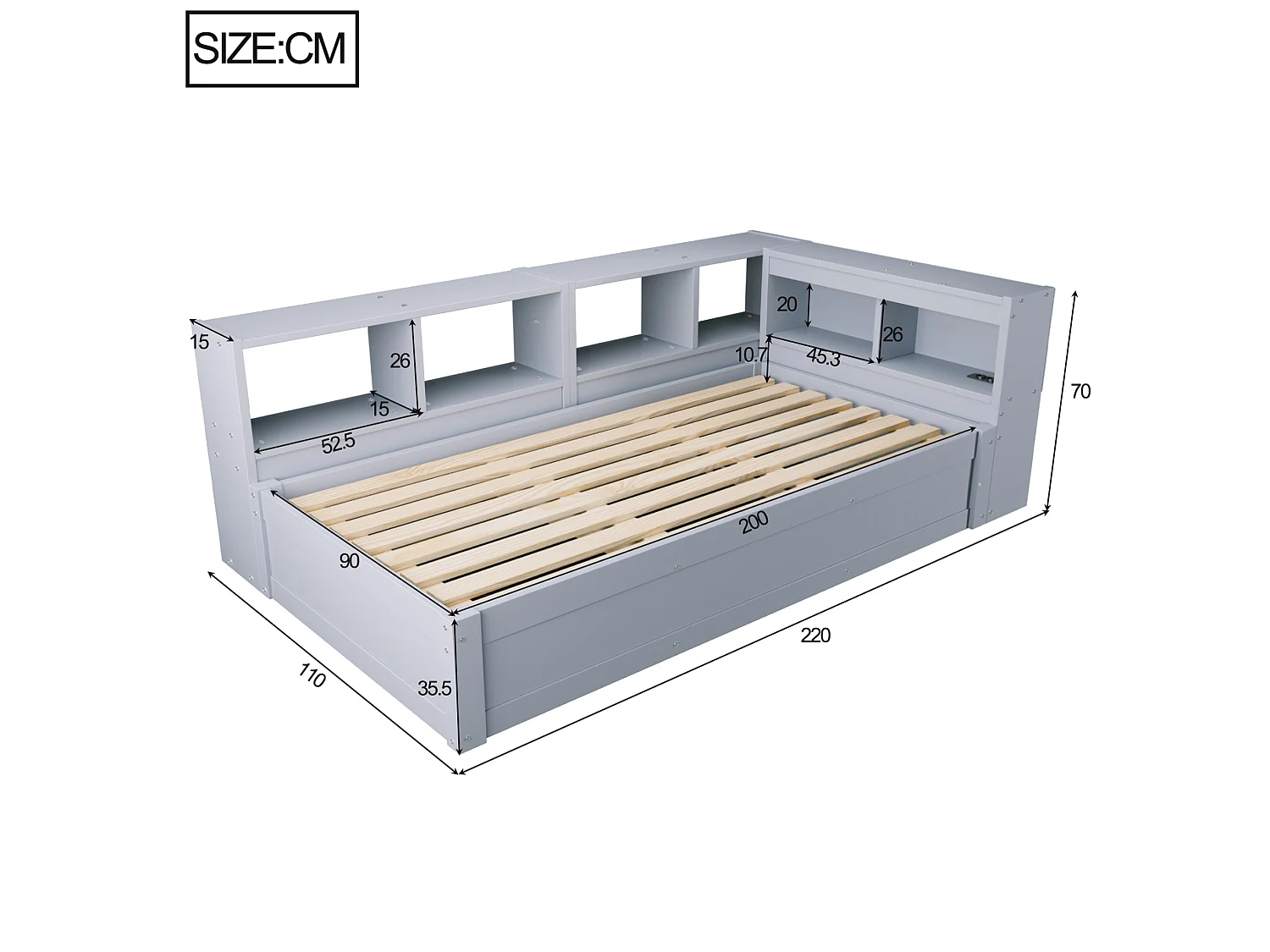 Lit coffre enfant 90x200 cm avec LED, prise et rangements - Gris
