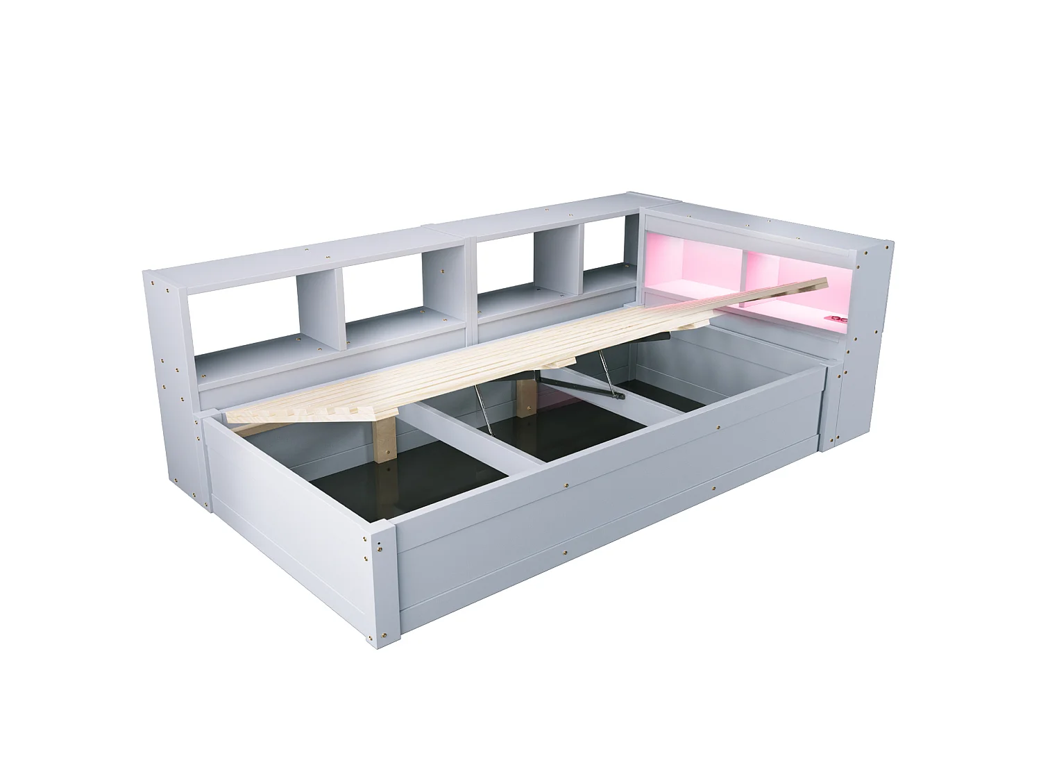 Lit coffre enfant 90x200 cm avec LED, prise et rangements - Gris