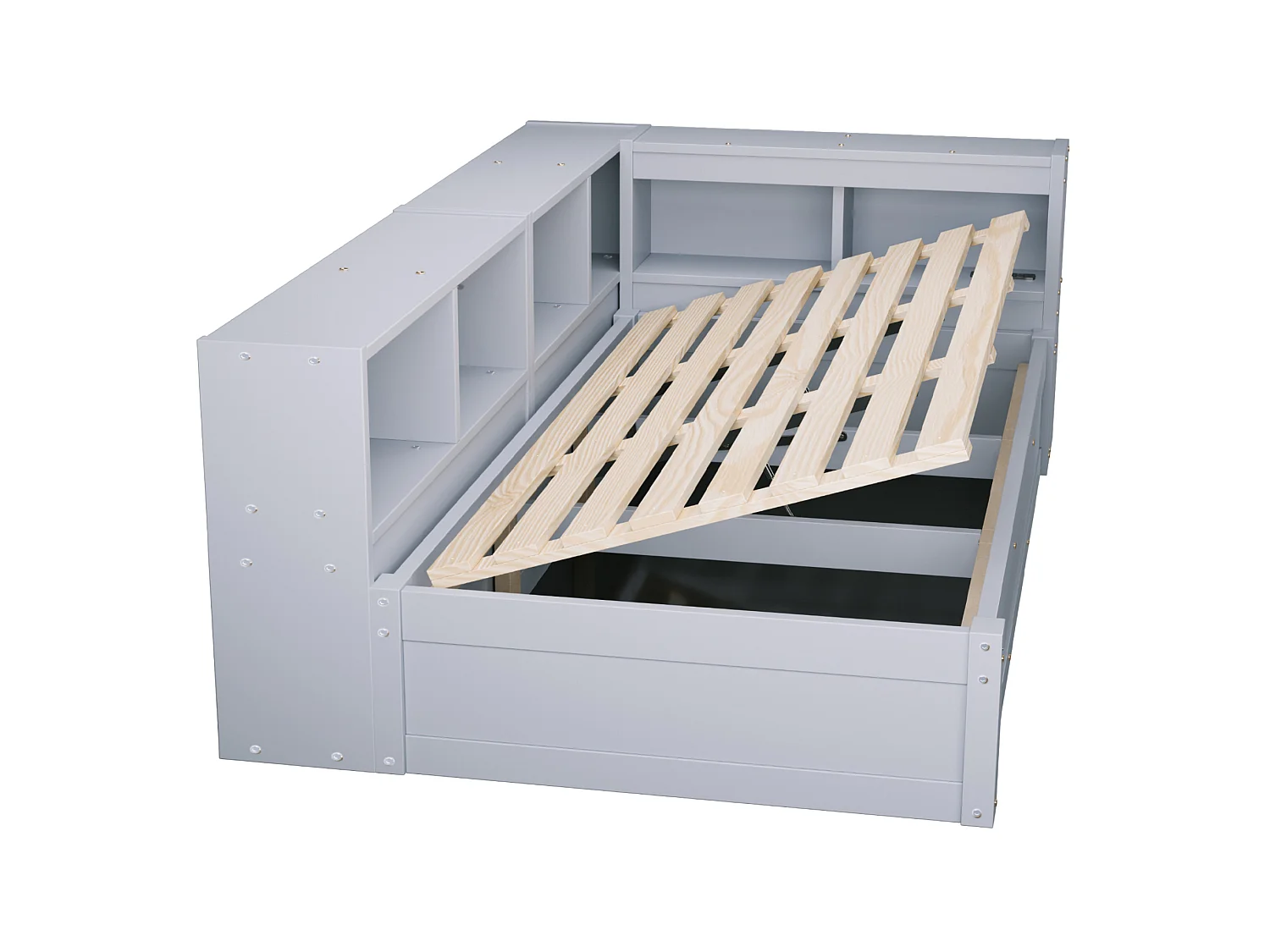 Lit coffre enfant 90x200 cm avec LED, prise et rangements - Gris