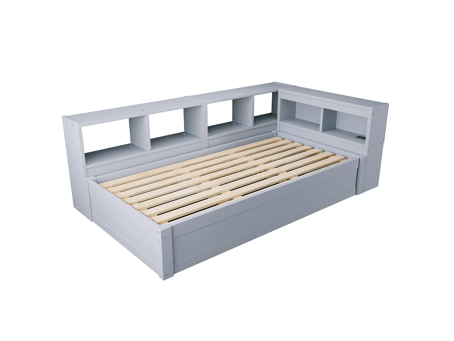 Lit coffre enfant 90x200 cm avec LED, prise et rangements - Gris