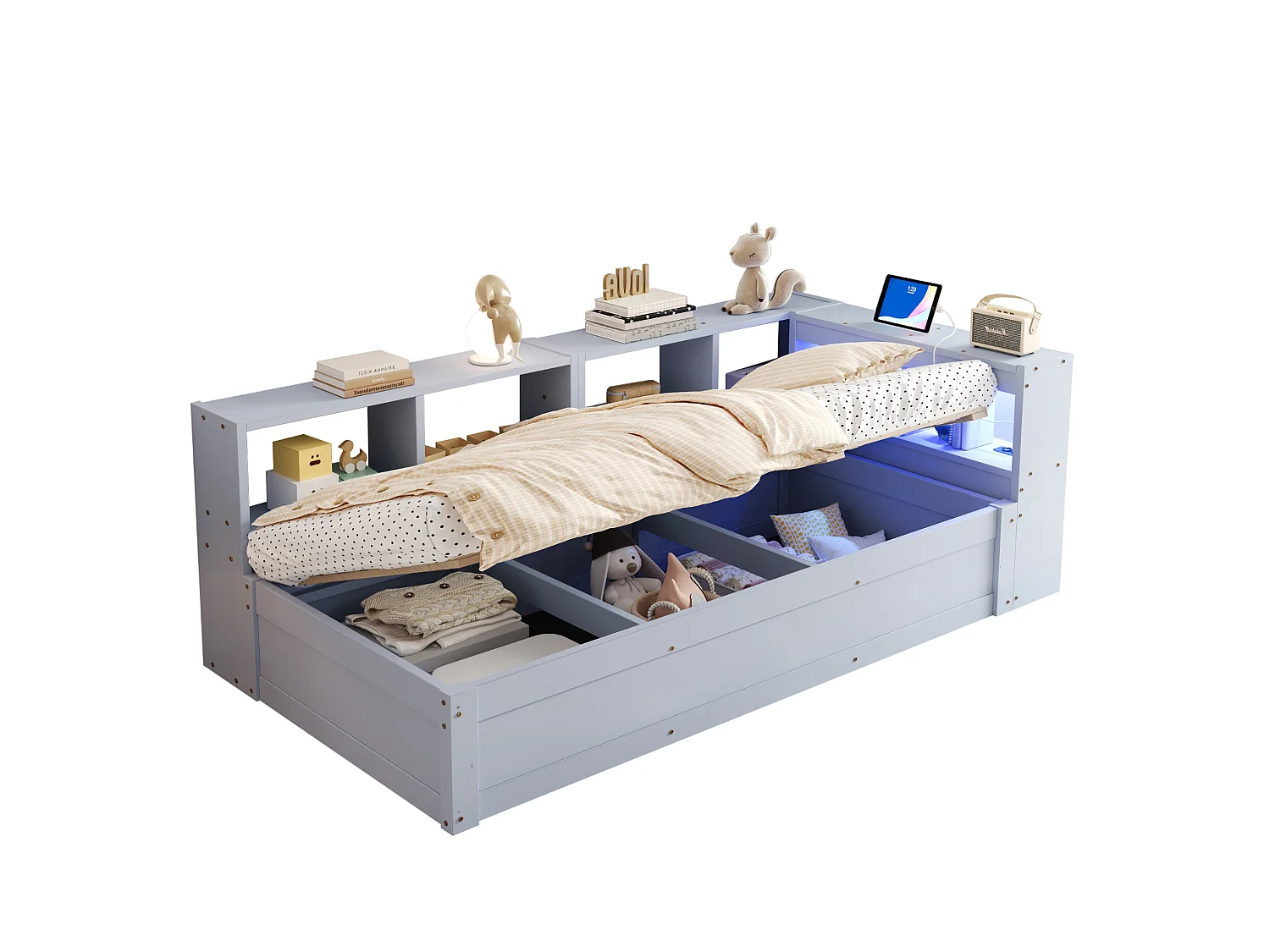 Lit coffre enfant 90x200 cm avec LED, prise et rangements - Gris