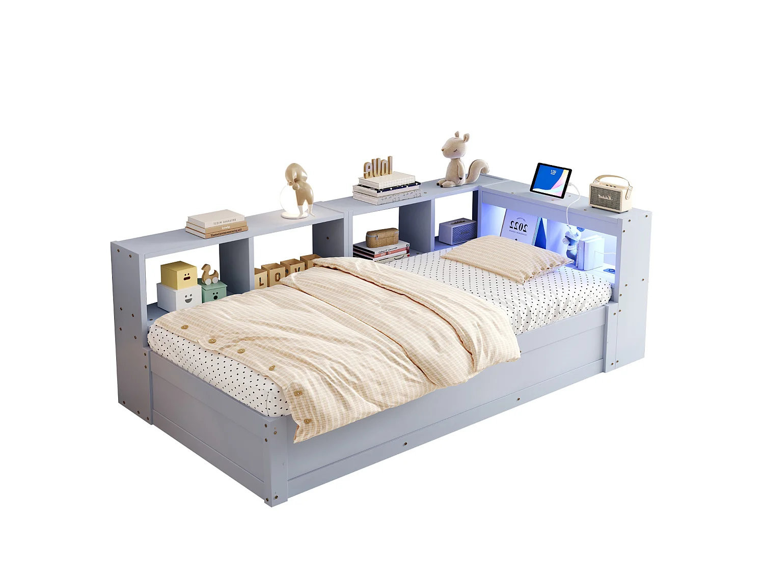 Lit coffre enfant 90x200 cm avec LED, prise et rangements - Gris