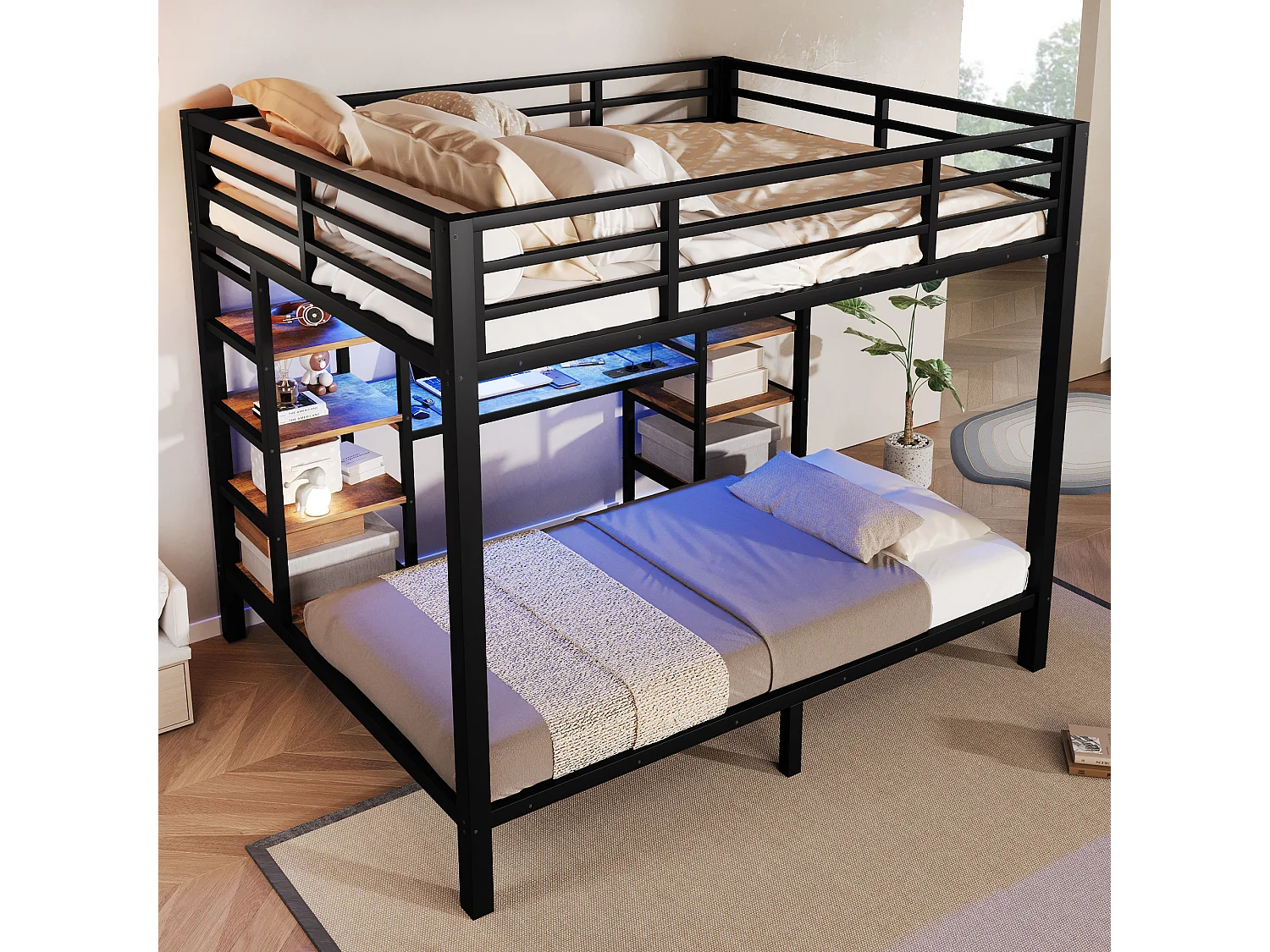 Lit superposé 90 x 200 cm + 140 x 200 cm - Cadre de lit en métal - Avec ports USB et Type-C - Avec éclairage LED - Noir (Matelas non inclus)