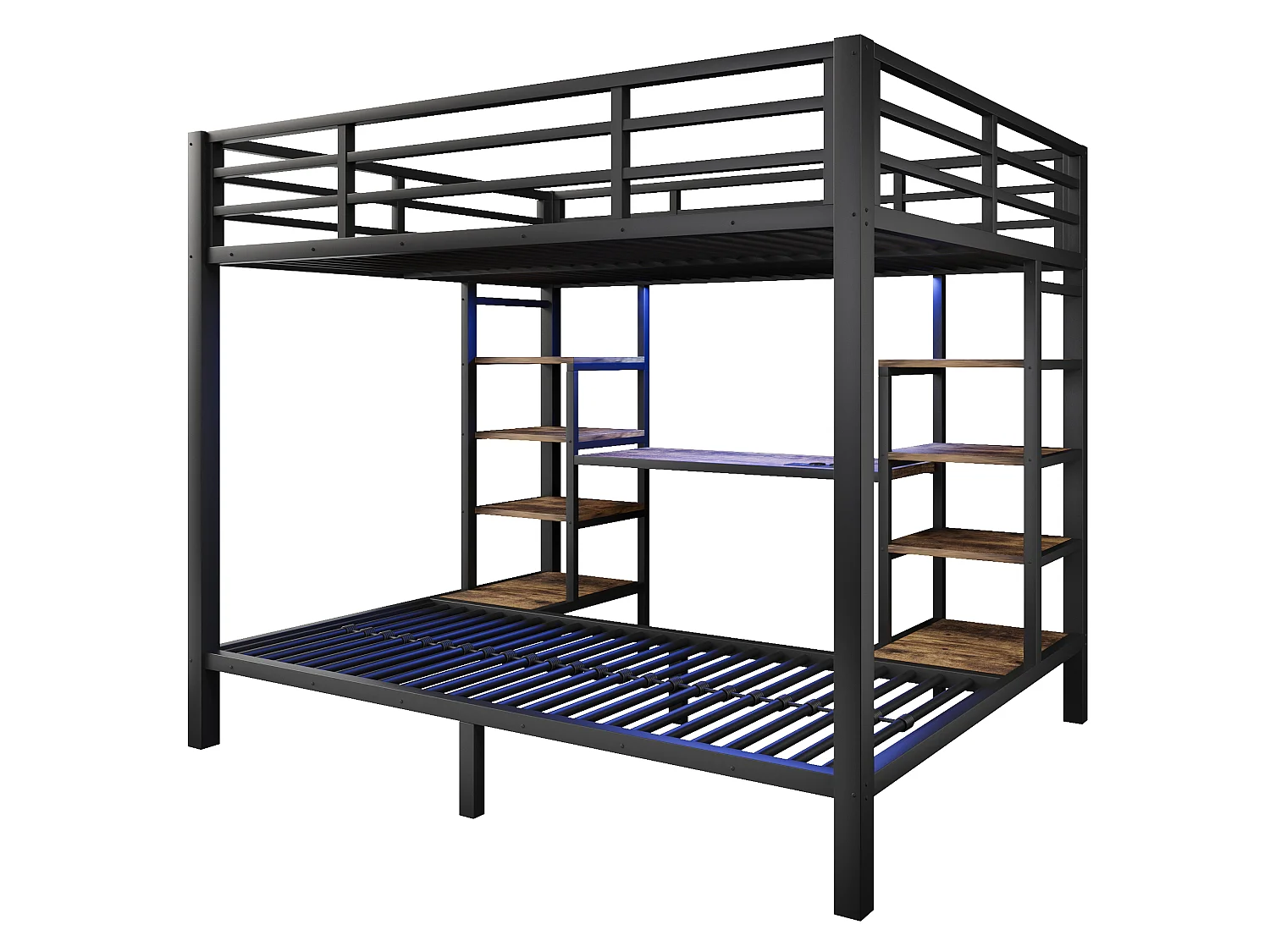 Lit superposé 90 x 200 cm + 140 x 200 cm - Cadre de lit en métal - Avec ports USB et Type-C - Avec éclairage LED - Noir (Matelas non inclus)