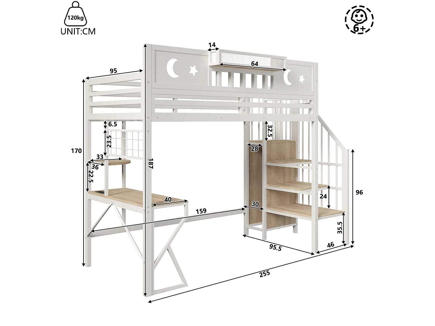 Hochbett 90 x 200 cm - Eisenstruktur - Mehrstufige Regale - USB-Anschluss - Sicherheitsbarriere - LED-Beleuchtung - weiß (Matratze nicht enthalten)