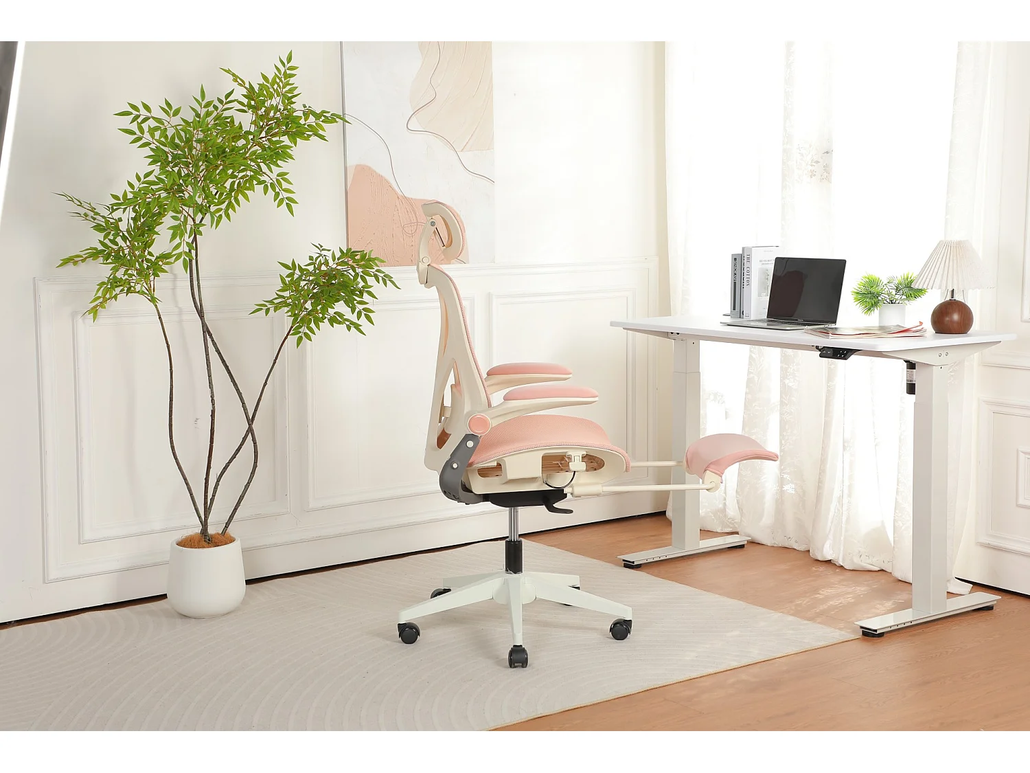 Chaise de bureau ergonomique pliante en maille rose- Avec dossier réglable