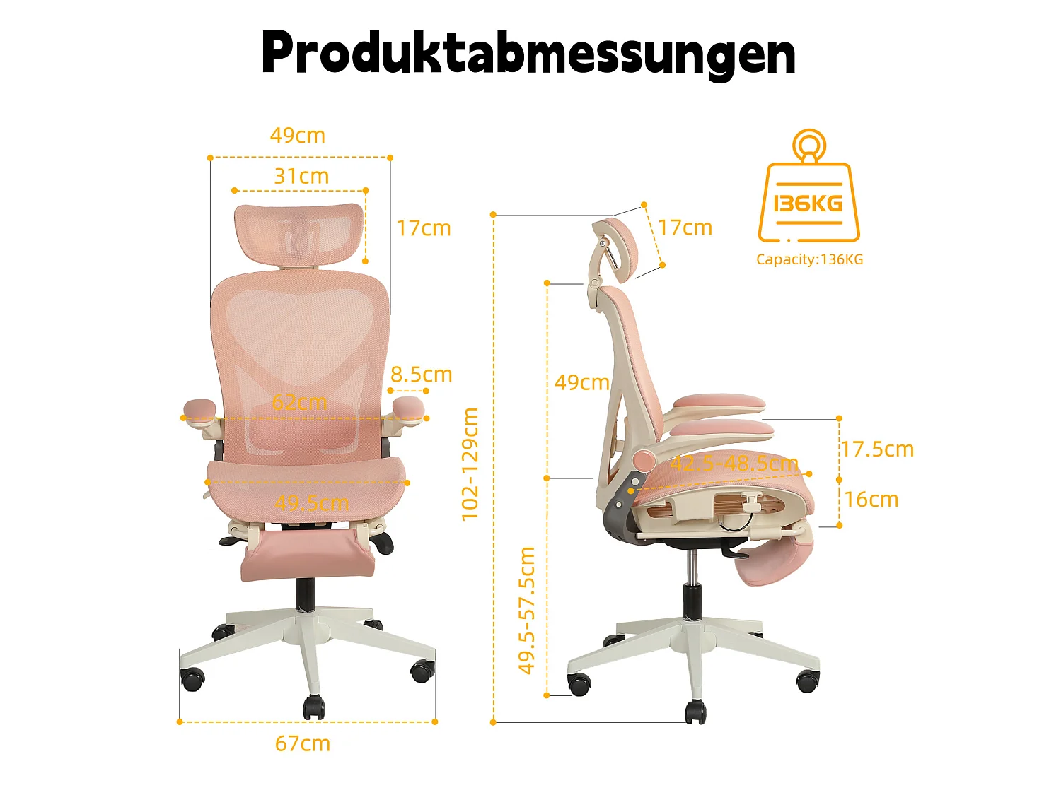 Chaise de bureau ergonomique pliante en maille rose- Avec dossier réglable