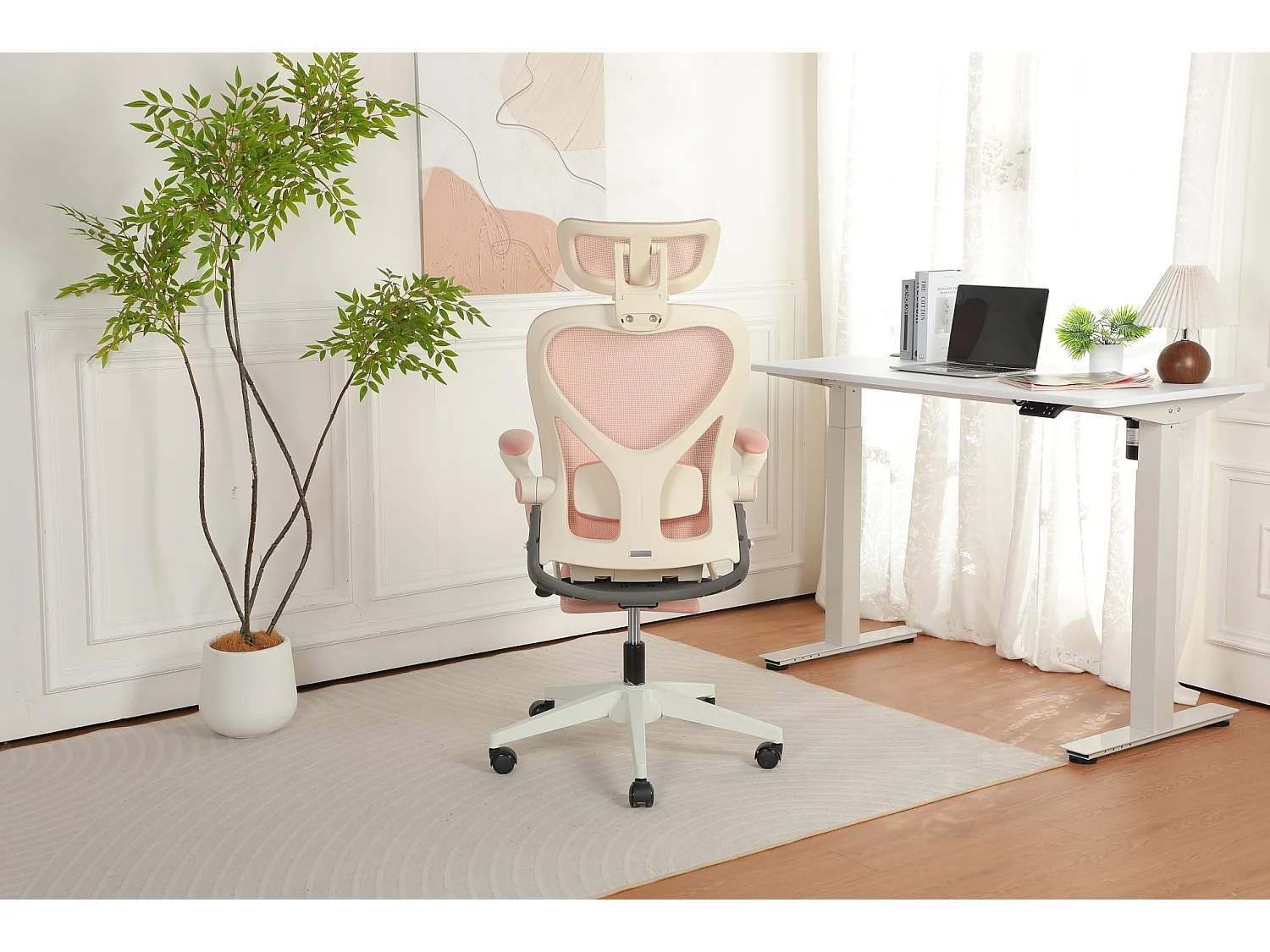 Chaise de bureau ergonomique pliante en maille rose- Avec dossier réglable