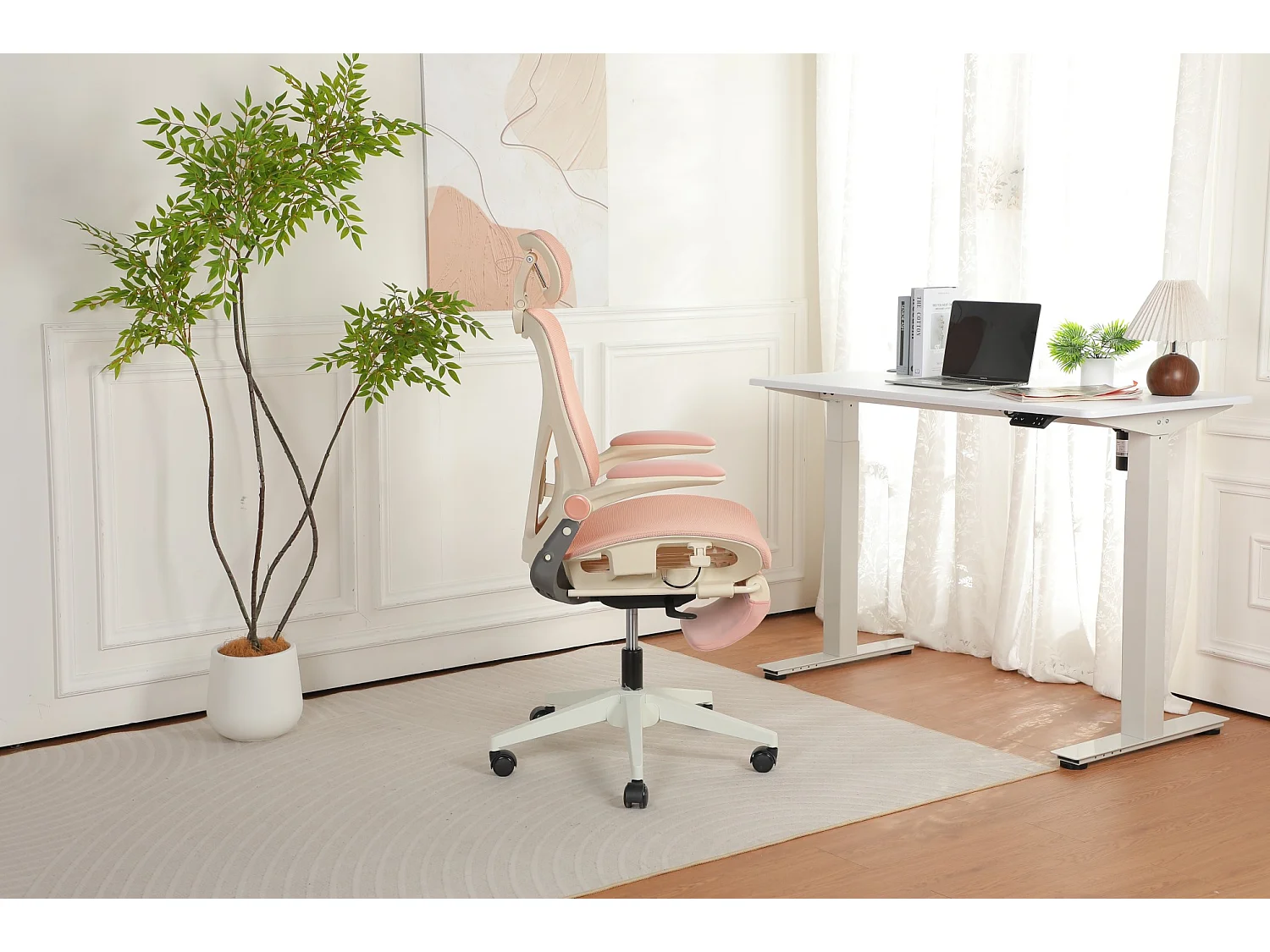 Chaise de bureau ergonomique pliante en maille rose- Avec dossier réglable