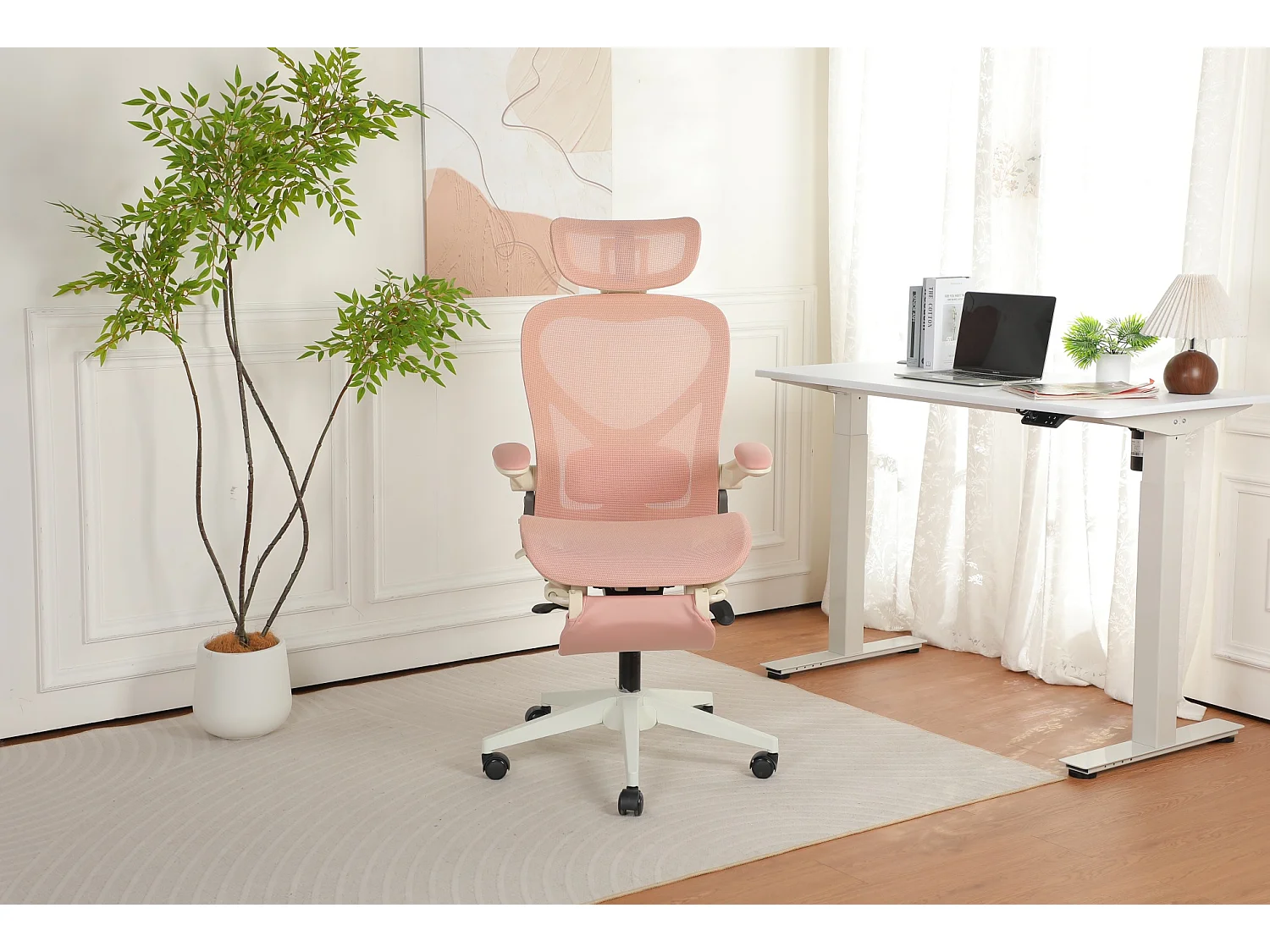 Chaise de bureau ergonomique pliante en maille rose- Avec dossier réglable