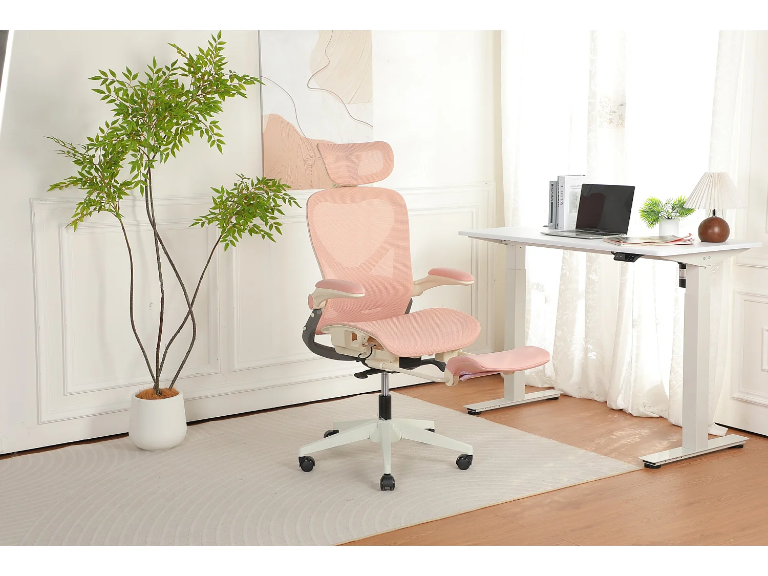 Chaise de bureau ergonomique pliante en maille rose- Avec dossier réglable