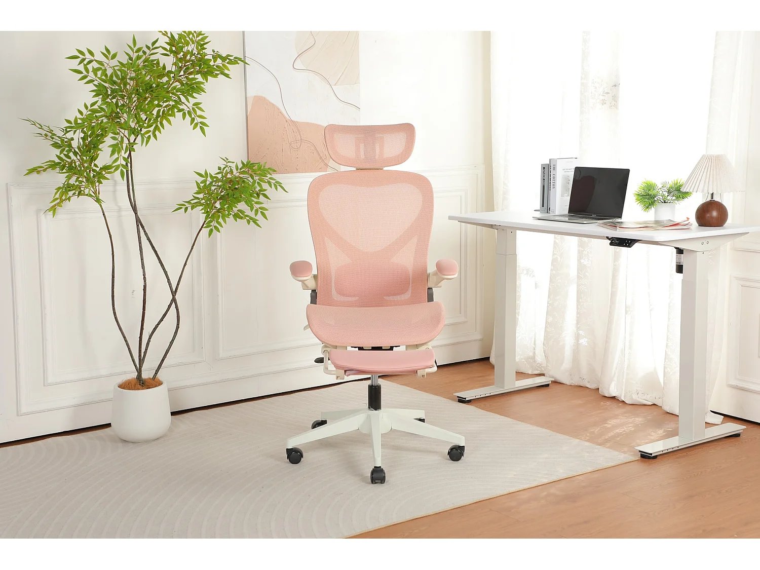 Chaise de bureau ergonomique pliante en maille rose- Avec dossier réglable