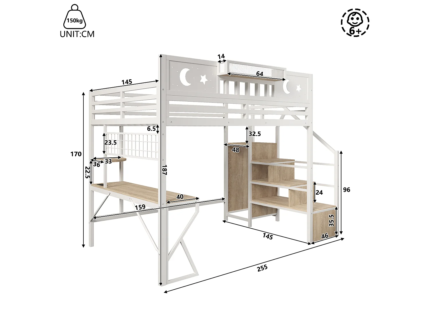 Beliche 140 x 200 cm - Estrutura de ferro - Prateleiras de vários níveis - Porta USB - Barreira de segurança - Iluminação LED - branco (colchão não incluído)