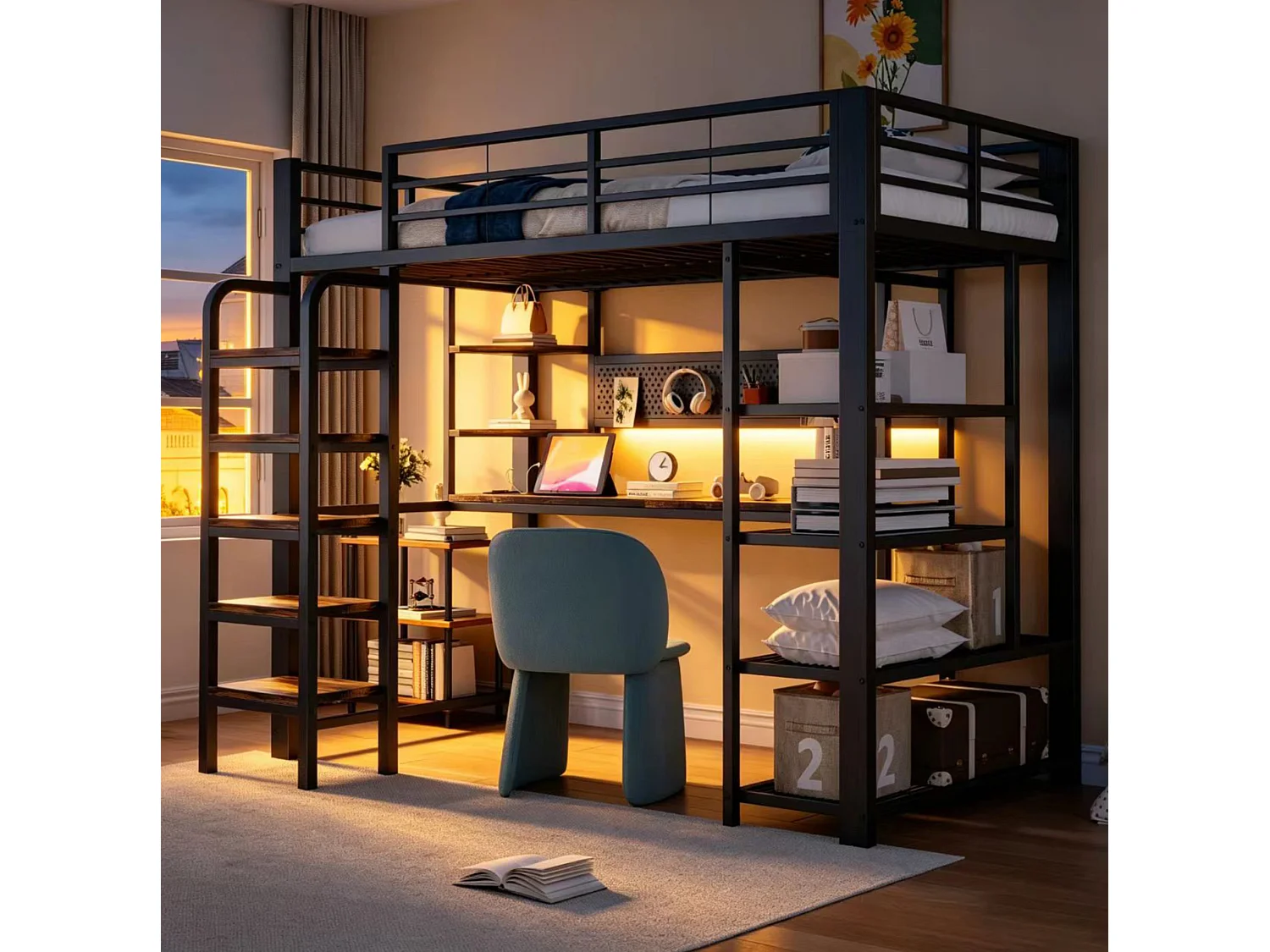 Lit mezzanine enfant 90x200 cm avec bureau, prises et LED - Lit en métal et bois noir