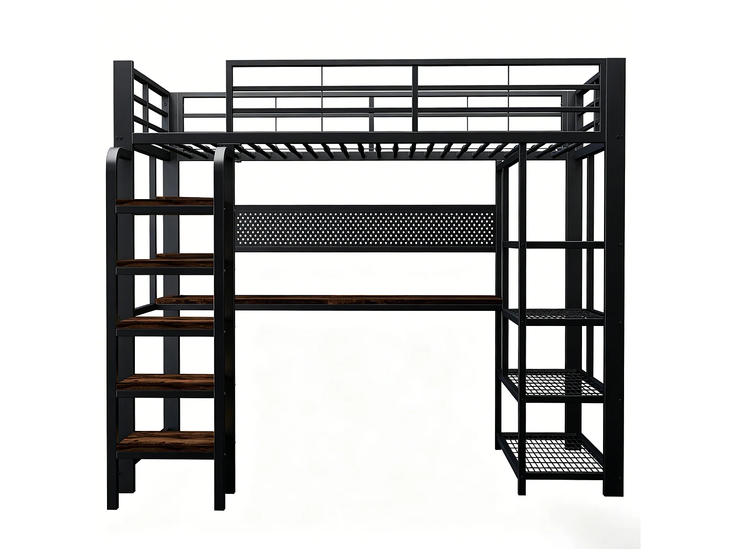 Lit mezzanine enfant 90x200 cm avec bureau, prises et LED - Lit en métal et bois noir