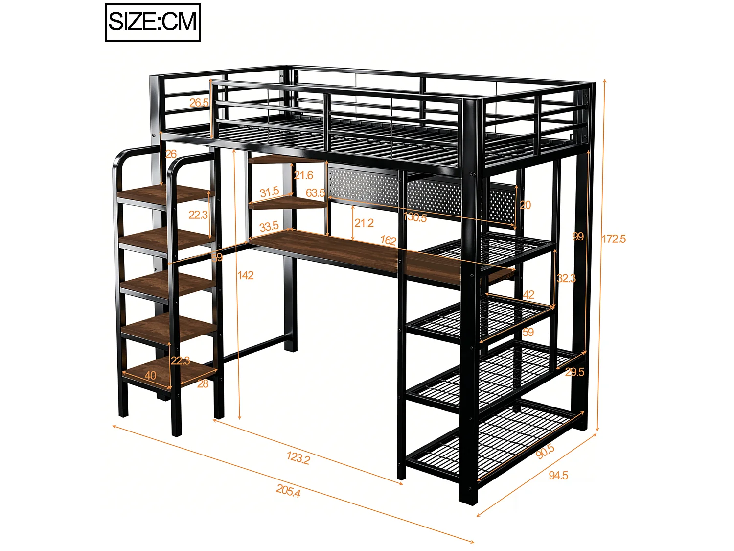 Lit mezzanine enfant 90x200 cm avec bureau, prises et LED - Lit en métal et bois noir