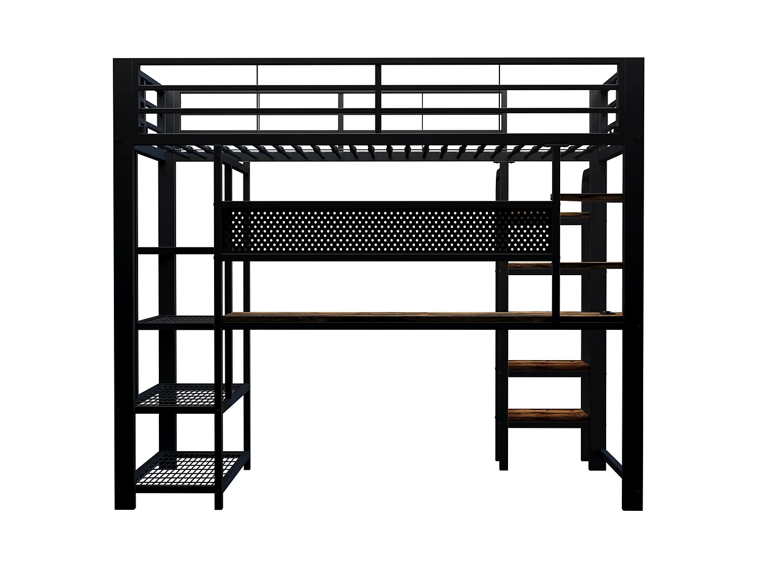 Lit mezzanine enfant 90x200 cm avec bureau, prises et LED - Lit en métal et bois noir