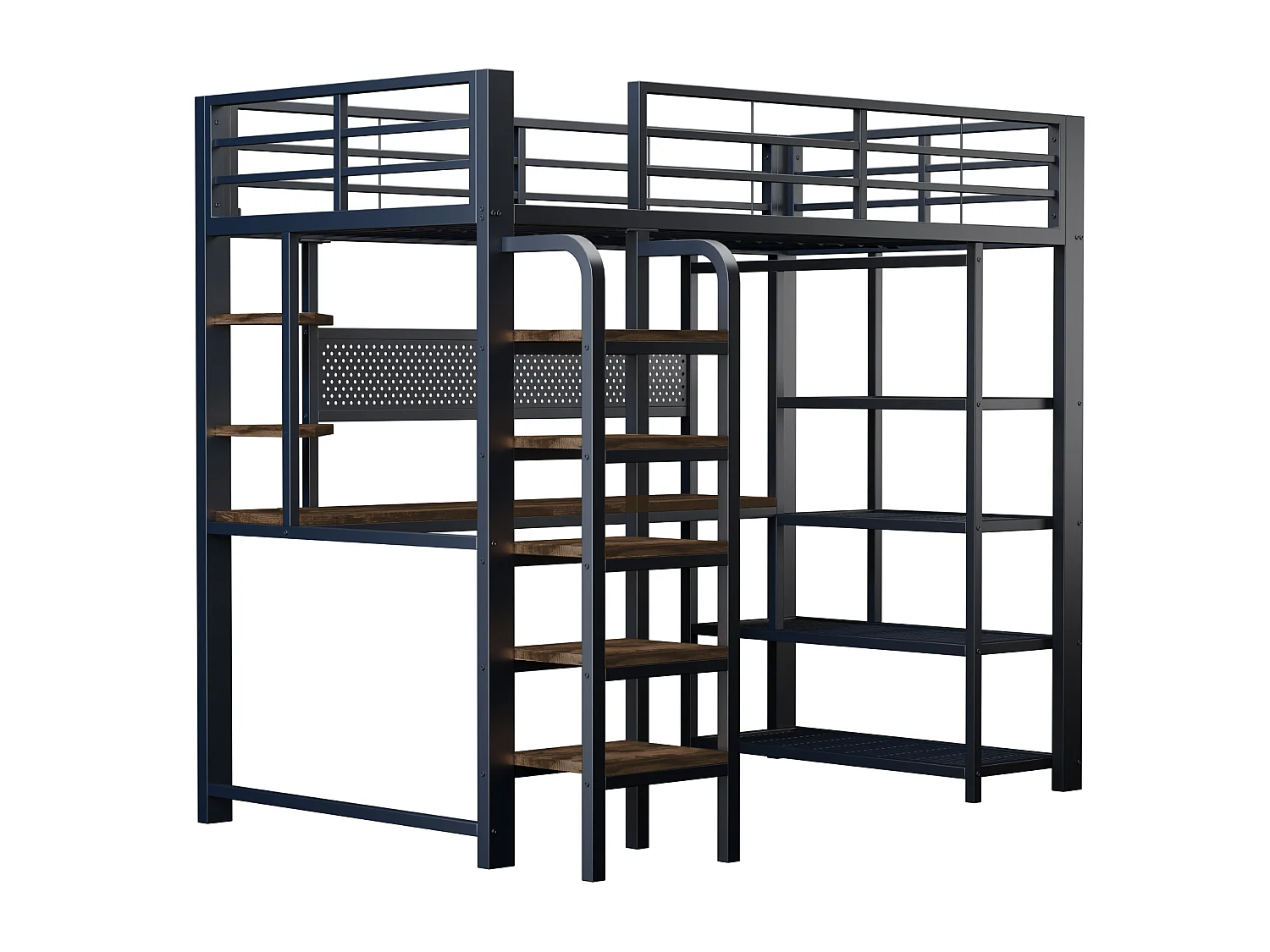 Lit mezzanine enfant 90x200 cm avec bureau, prises et LED - Lit en métal et bois noir
