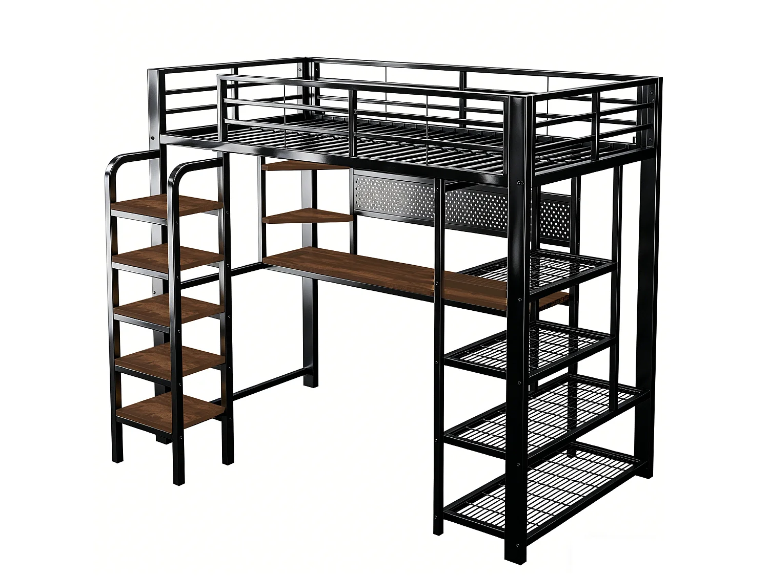 Lit mezzanine enfant 90x200 cm avec bureau, prises et LED - Lit en métal et bois noir