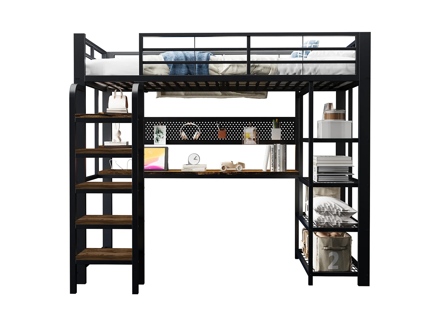 Lit mezzanine enfant 90x200 cm avec bureau, prises et LED - Lit en métal et bois noir