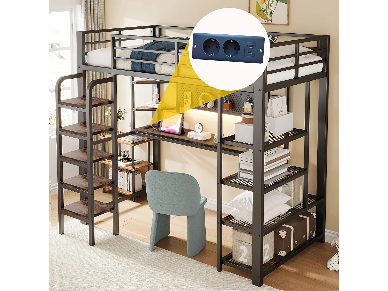 Lit mezzanine enfant 90x200 cm avec bureau, prises et LED - Lit en métal et bois noir