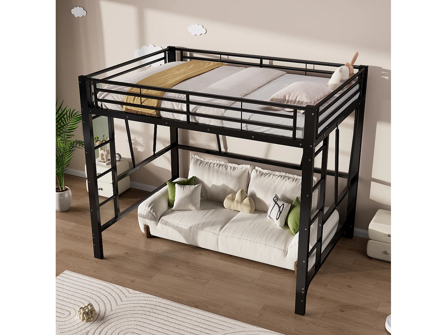 Lit mezzanine 90 x 200 cm - Cadre de lit en métal - 2 échelles - noir (matelas non inclus)