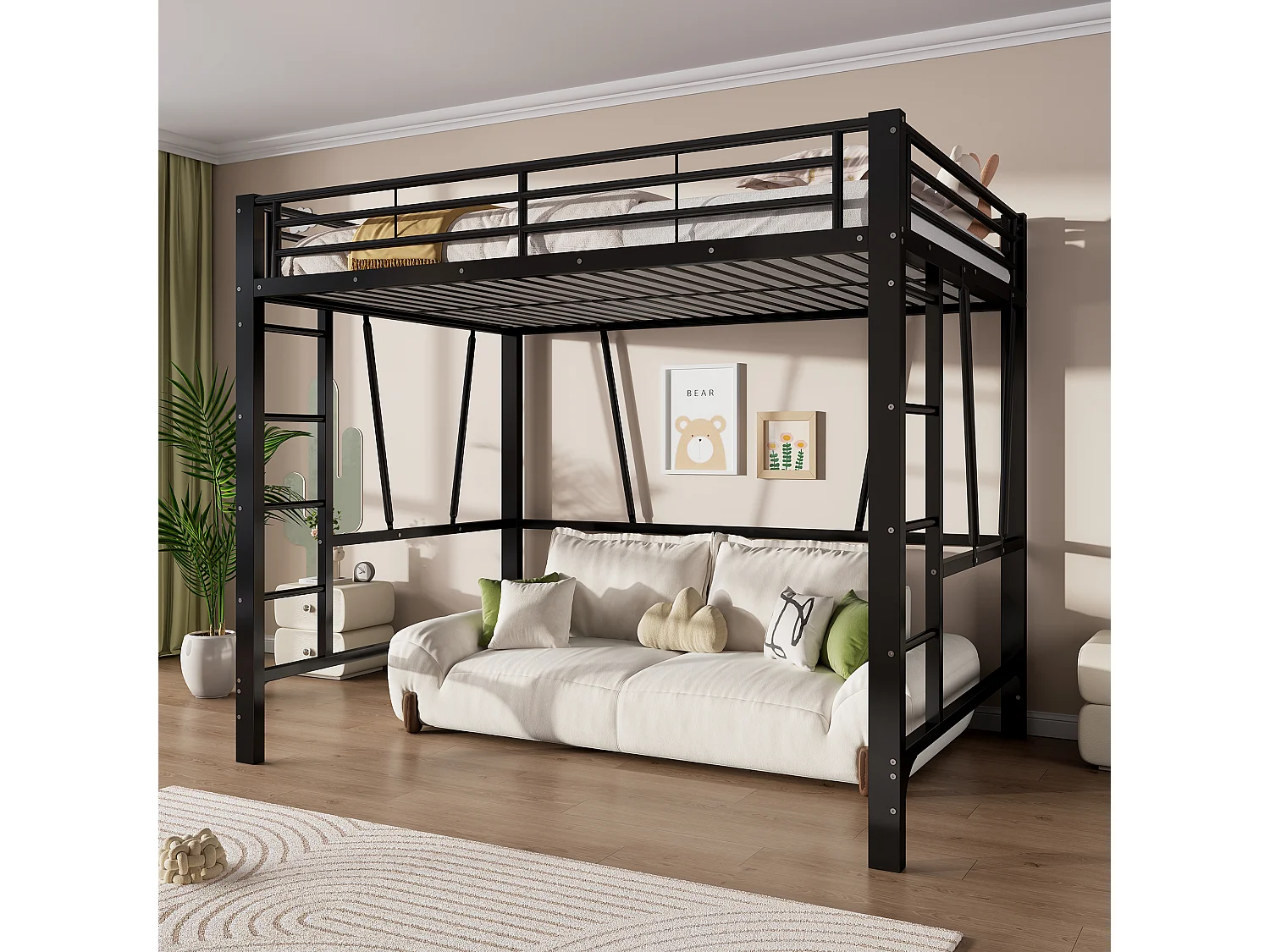 Lit mezzanine 90 x 200 cm - Cadre de lit en métal - 2 échelles - noir (matelas non inclus)